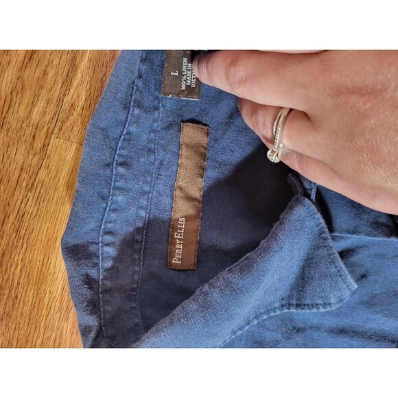 Perry Ellis Men’s Large 100% Linen Button Up Shirt Short Sleeve Navy Blue - Picture 5 of 6